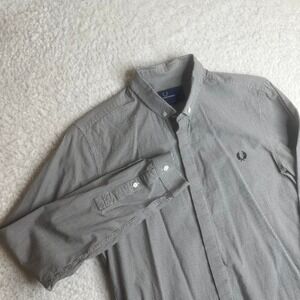 Fred Perry men's grey black gingham check long sleeve shirt slim preppy S